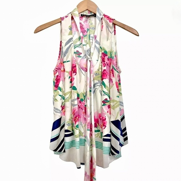 Elizabeth & James Floral Silk Charmeuse Tie Neck Sleeveless Blouse Top - Picture 7 of 13